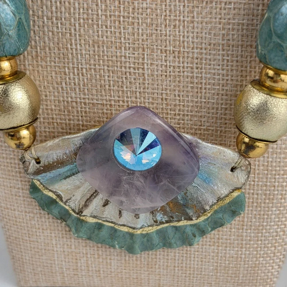 Vintage 1990s Chunky Statement‎ Necklace Amethyst Stone Painted Beads Gold Tone